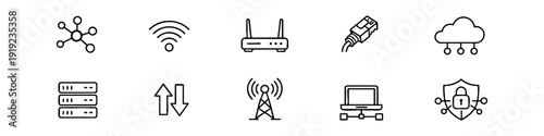 Set of 10 networking and internet technology line icons including wifi, router, cloud, server, and cybersecurity on a white background.