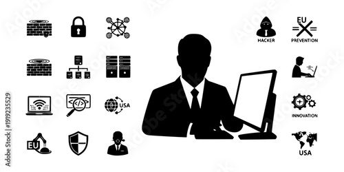 Cybersecurity Specialist Protecting Network Silhouette