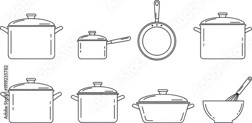 Set of kitchen cookware outline icons including pots, pan, saucepan, and bowl isolated on light background for cooking design use