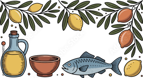 Mediterranean inspired cuisine and healthy ingredients frame with olives, lemons, fish, and olive oil