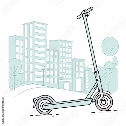 Electric scooter parked in a serene urban cityscape with tall buildings, representing sustainable future transportation.