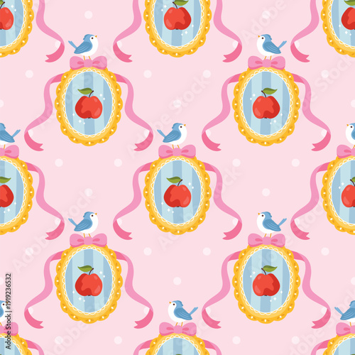 Snow White fairytale seamless pattern vector. Red apple in gold mirror frame with pink bow on cute polka dot background. Magic princess doodle for nursery, textile and girl birthday decor.