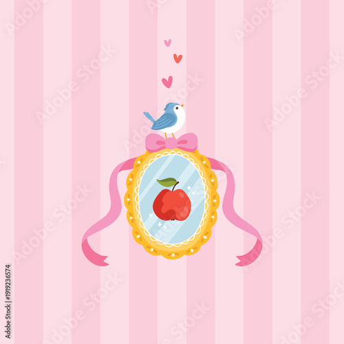 Kawaii apple vector illustration in golden frame with blue bird and pink bow on striped background. Cute childish cartoon style for postcard, nursery decor, stationery or fairytale design.