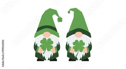 Two gnomes holding shamrocks in green attire for St. Patrick's Day  