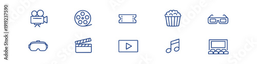 Cinema and movie production line icons set including camera, film reel, ticket, popcorn, 3D glasses, VR headset, clapperboard, and theater screen.