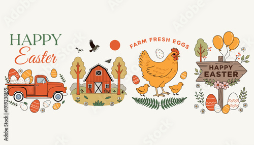 Easter themed decorative panels featuring farm fresh eggs chicken and red barn with 'happy easter' text in vintage style