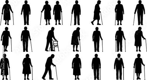 Elderly people silhouettes set, senior men and women walking with canes and walkers, black vector illustration for healthcare, aging, community design