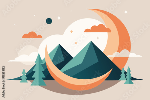 Serene mountain landscape with crescent moon and clouds at dusk