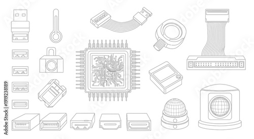Computer Hardware and Electronic Components Outline Icons Set on isolated white background