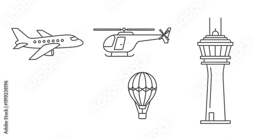 Aviation and Air Transportation Icons including Airplane, Helicopter, Hot Air Balloon, and Control Tower