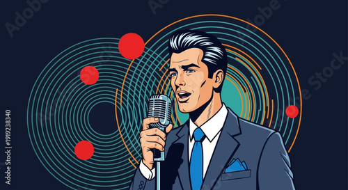 Man in suit singing into a microphone with abstract background.