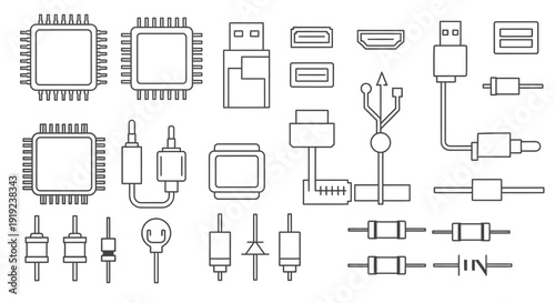 Outline Set of Various Electronic Components and Connectors like Microchips and USB Cables on Isolated White Background