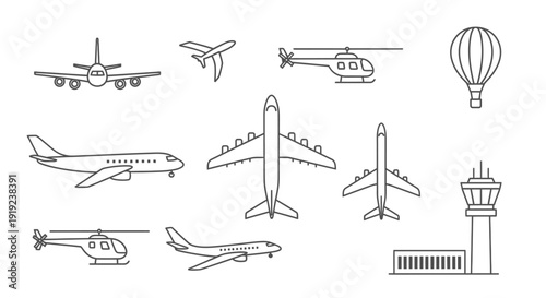 Collection of detailed line art icons representing various aviation transport, including airplanes, helicopters, hot air balloon, and airport control tower on an isolated white background