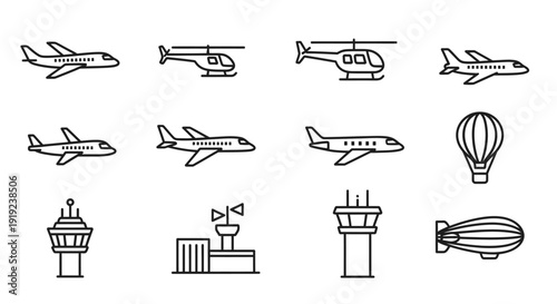Aviation and Air Transport Line Icons Set including Airplanes, Helicopters, Hot Air Balloon, and Control Towers, isolated white background.