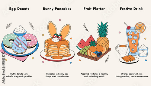 Easter day vector illustration with four decorative vertical panels featuring egg donuts bunny pancakes fruit platter and festive drink on a colorful background
