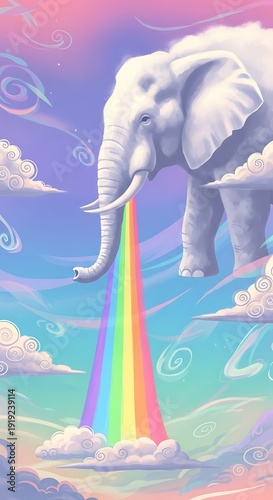 Majestic white elephant emitting a vibrant rainbow in the sky