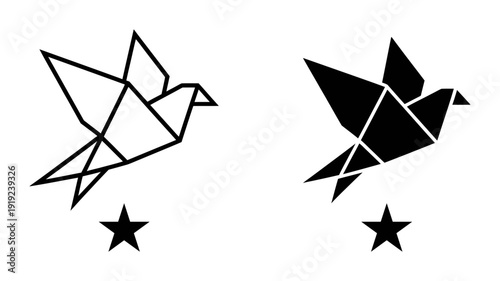 Two elegant origami bird icons, one in outline and one solid black, flying gracefully above a single star symbol.