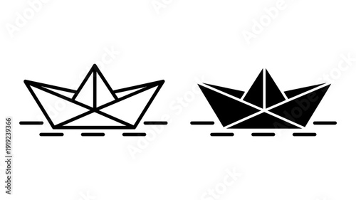 A pair of minimalist origami paper boat icons, one outlined and one filled, gracefully floating on abstract water lines.