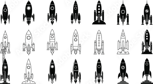 Rocket ship icon collection with retro and modern spaceship launch variations isolated on white background black and outline vector illustration set