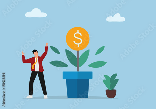 Financial Growth and Investment Success Concept Illustration with Person Celebrating Beside Potted Plant Growing Dollar Coin