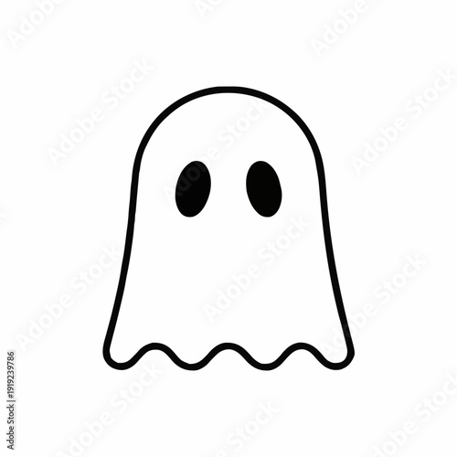 Simple Outline Of A Friendly Ghost Character On A White Background With Wavy Bottom And Black Oval Eyes