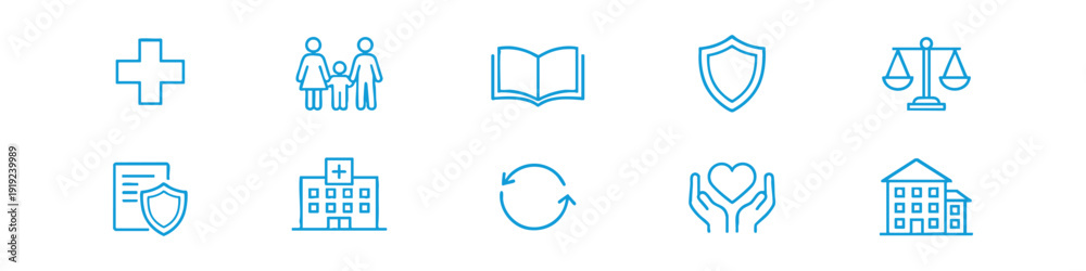 Ταπετσαρία Set of blue and black line icons for insurance, healthcare, law, education, and family support, perfect for corporate and service websites