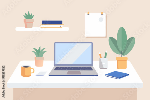 Modern home office workspace with laptop and plants on white desk