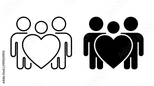 Three generic people standing together with a large heart, shown in both outline and solid black icon styles.