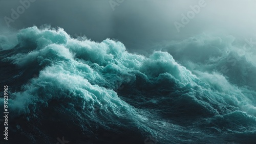 Turbulent Ocean Waves: A dramatic view captures the raw power of the ocean, with towering turquoise waves surging under a stormy sky, embodying the untamed forces of nature.