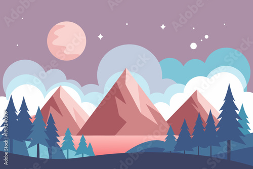 Serene mountain landscape with moonlit night sky and pine trees
