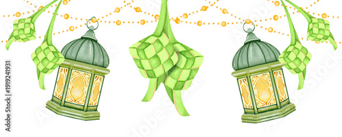 Cuadro en lienzo Lanterns and Ketupat decoration for Ramadan Mubarak celebrations