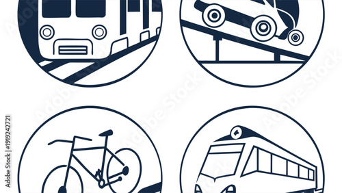Vector icons of various transportation modes including train car bicycle and bus on white background for urban planning and infrastructure design