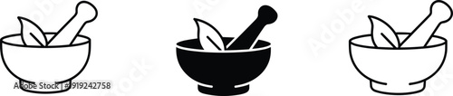 "Stylized mortar and pestle icons with herbal leaf design, symbolizing natural medicine, organic remedies, pharmacy, holistic healing, botanical therapy, and eco‑friendly wellness concepts"