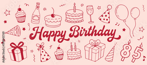 Happy Birthday Vector Art Doodle Banner. Festive hand-drawn illustration with party elements like cakes, gifts, and balloons, ideal for celebration greetings, digital cards, and invitations