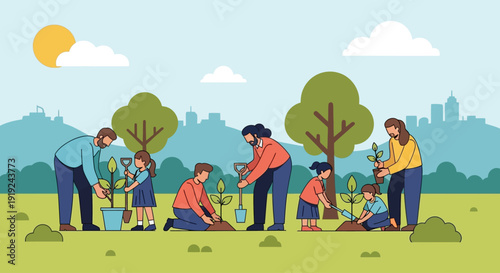 Celebrating International Day of Forests with family planting trees together