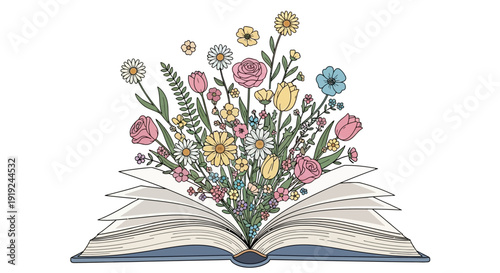 Open book with colorful flowers illustration.