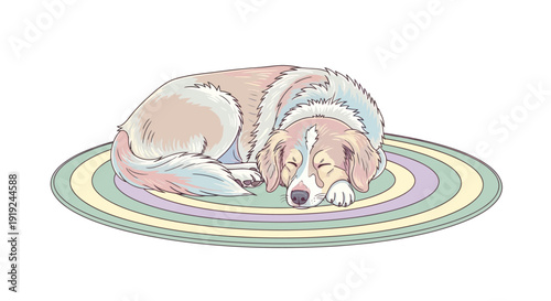 Cute Dog Sleeping on Round Rug.