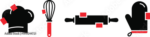 Culinary icons kitchen tools, chef hat, whisk, rolling pin, oven mitt.