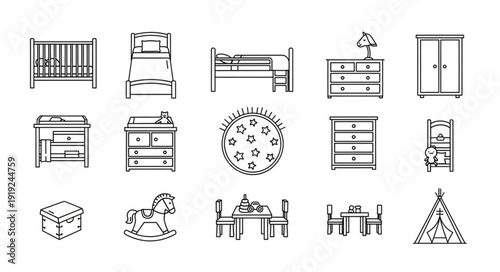 Collection of nursery and childrens furniture line drawings.