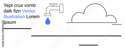 Water conservation, sustainability, environmental awareness, resource management, climate change, eco-friendly solutions. Image shows a faucet with a droplet and a cloud outline. Water conservation