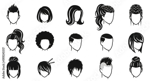 Collection of diverse hairstyles for men and women vector illustration.