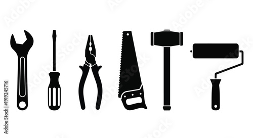 Black silhouettes of various hand tools arranged in a horizontal line silhouette
