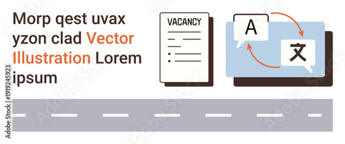 Language services, job-seeking, translation tools, career opportunities, bilingual communication, online platforms. Document labeled vacancy and speech bubbles with translation icons. Language