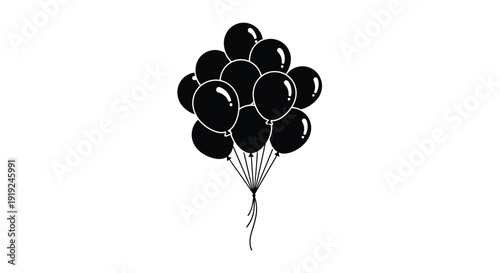 A cluster of black balloons floats gently a striking silhouette