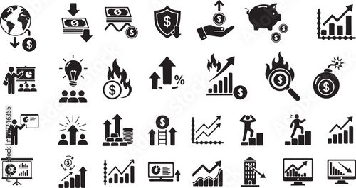 Economic crisis and financial market volatility icon set with falling graphs global inflation money loss and bankruptcy silhouettes