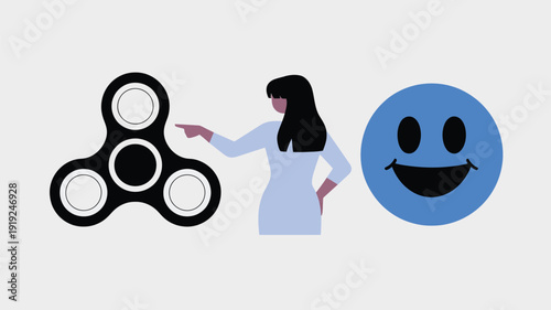 woman choosing between fidget spinner and smiley face flat vector illustration representing decision making focus distraction and happiness