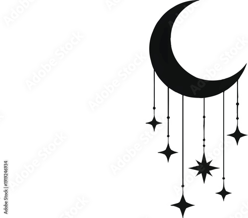 Black and white vector illustration of a swing with moon