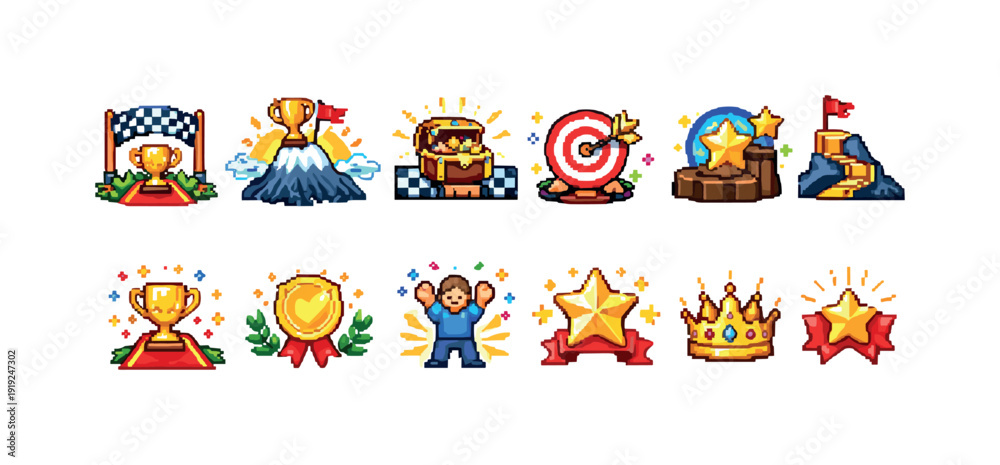 Fototapeta premium Achievement and rewards icon set. Celebratory, victory icons in filled style