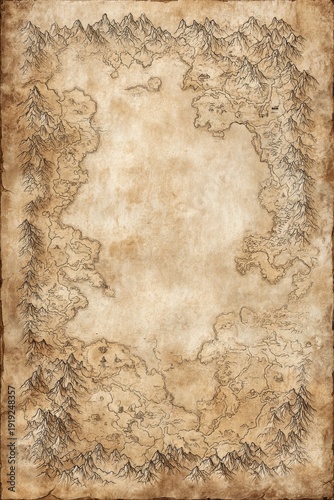 Vintage fantasy map parchment with decorative borders and aged texture, adventure concept for exploration, storytelling and antique design