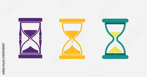 A set of colorful hourglass icons in purple, yellow, and green, representing time and deadlines in a modern editable vector file design.